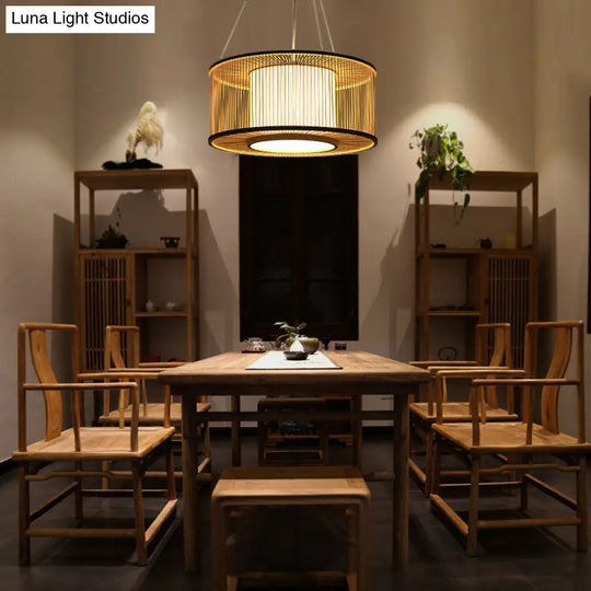 Bamboo Drum Pendant Light Kit With Wood Suspension - 1 Bulb 16/19.5 Wide