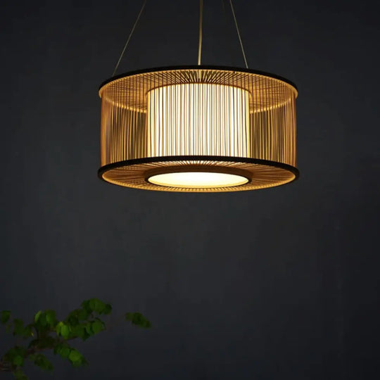 Bamboo Drum Pendant Light Kit With Wood Suspension - 1 Bulb 16/19.5 Wide / 19.5