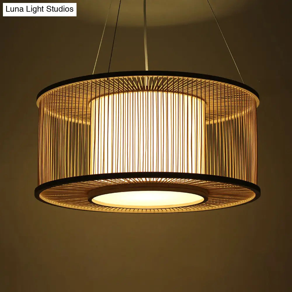 Bamboo Drum Pendant Light Kit With Wood Suspension - 1 Bulb 16/19.5 Wide