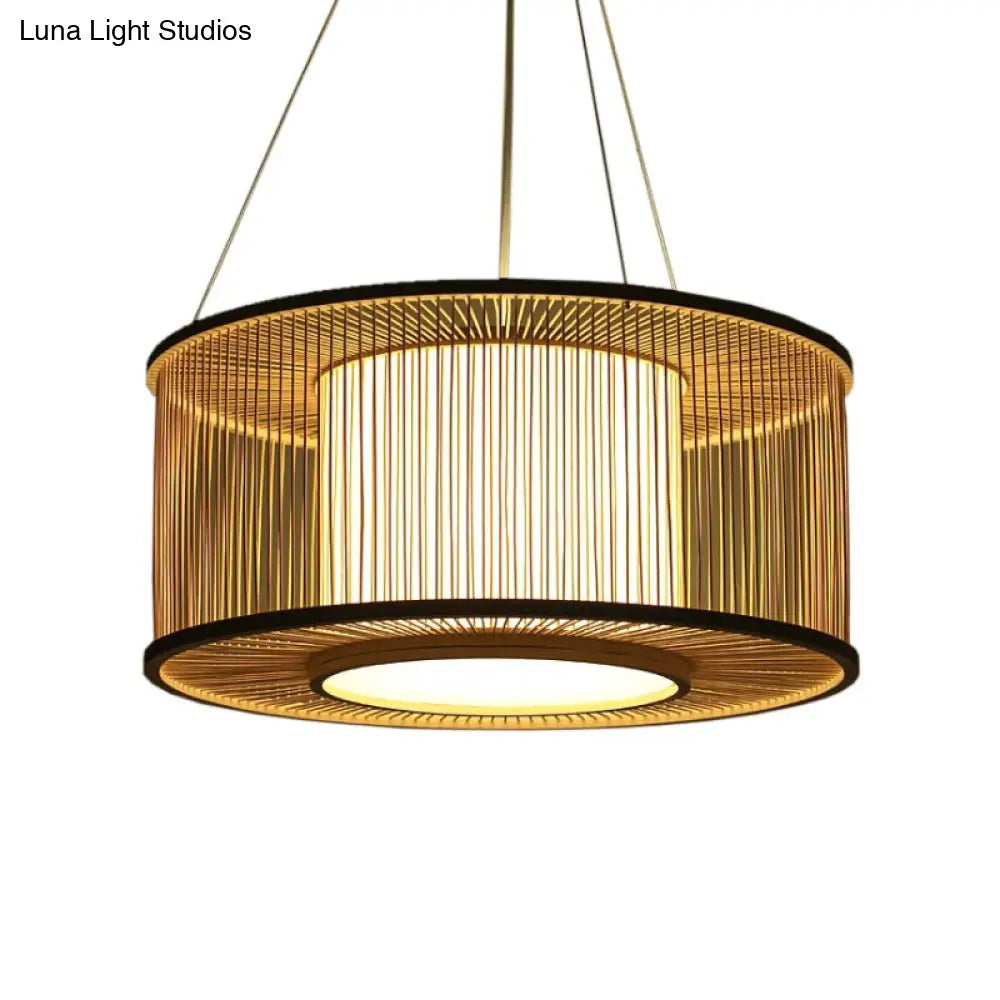Bamboo Drum Pendant Light Kit With Wood Suspension - 1 Bulb 16/19.5 Wide