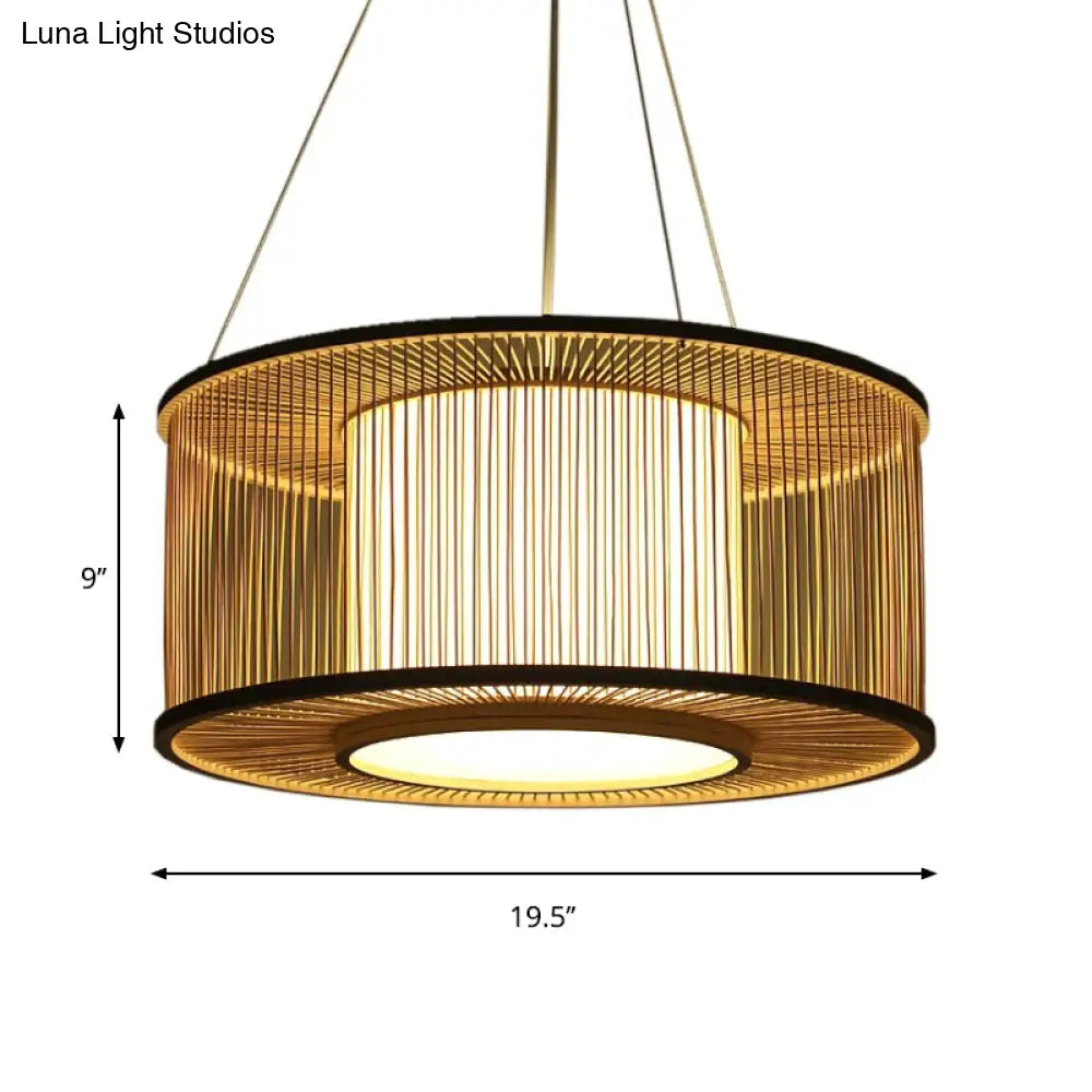 Bamboo Drum Pendant Light Kit With Wood Suspension - 1 Bulb 16/19.5 Wide