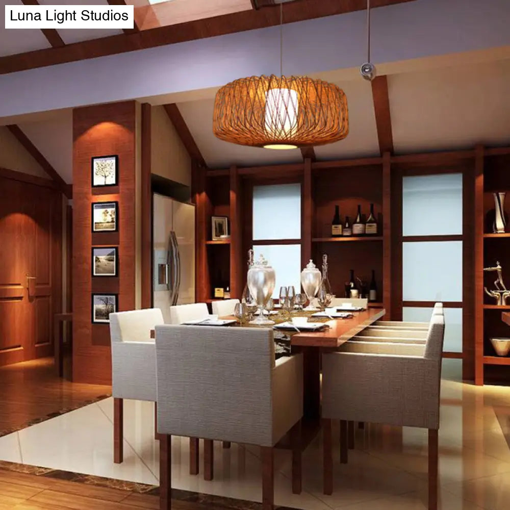 Bamboo Drum Pendant Light - Stylish Single-Bulb Suspension Fixture For Contemporary Tea Room Décor