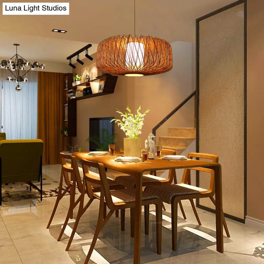 Bamboo Drum Pendant Light - Stylish Single-Bulb Suspension Fixture For Contemporary Tea Room Décor