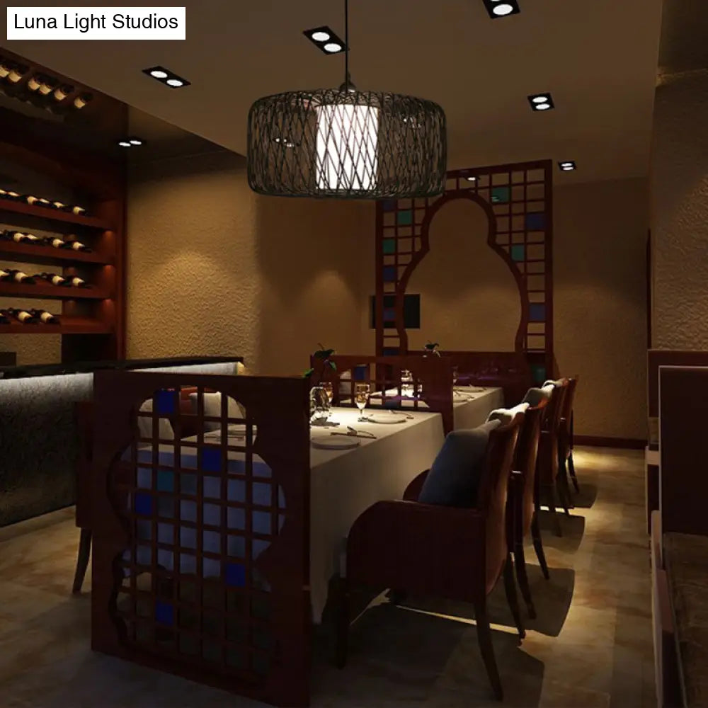 Bamboo Drum Pendant Light - Stylish Single-Bulb Suspension Fixture For Contemporary Tea Room Décor