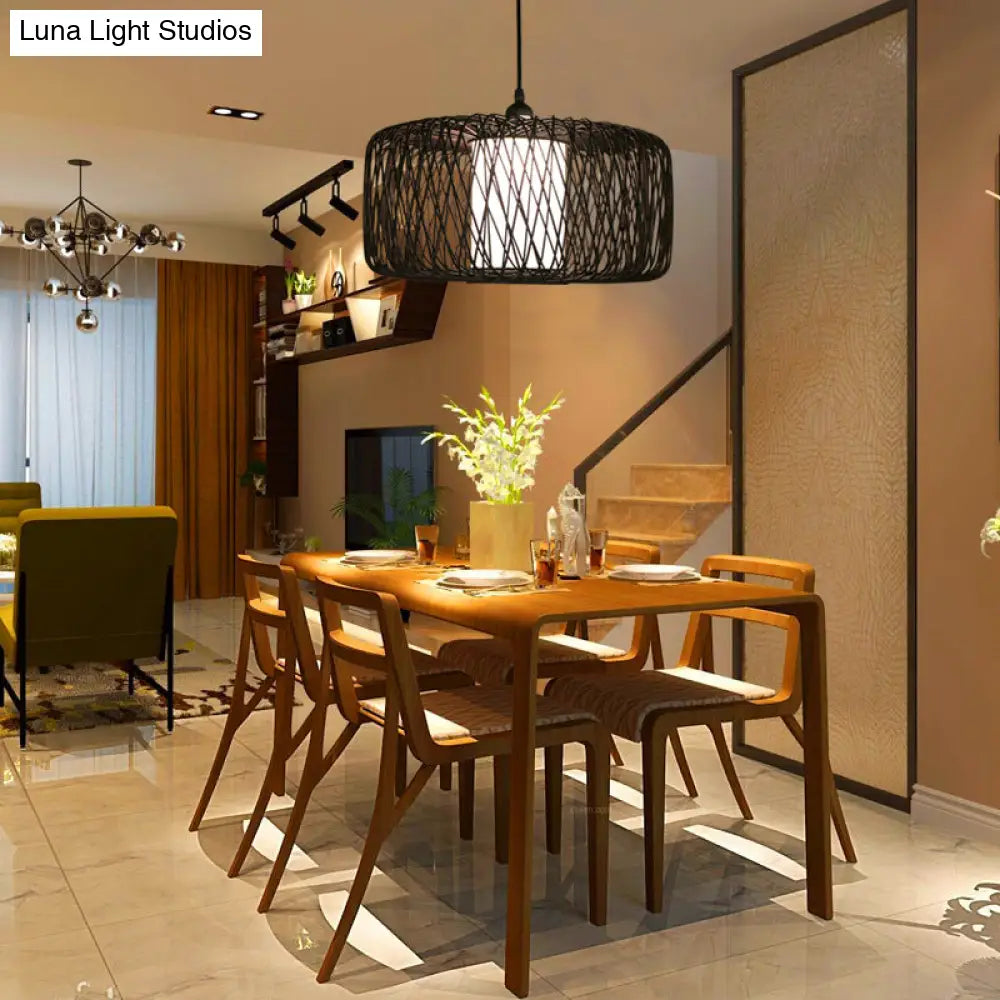 Bamboo Drum Pendant Light - Stylish Single-Bulb Suspension Fixture For Contemporary Tea Room Décor