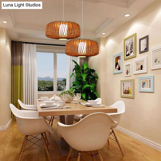 Bamboo Drum Pendant Light - Stylish Single-Bulb Suspension Fixture For Contemporary Tea Room Décor