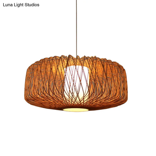 Bamboo Drum Pendant Light - Stylish Single-Bulb Suspension Fixture For Contemporary Tea Room Décor