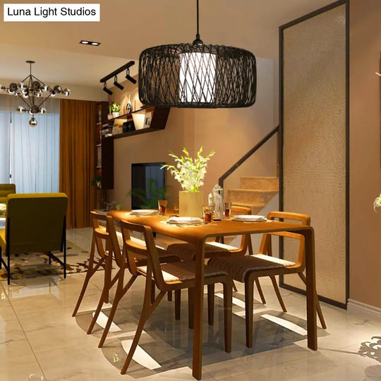 Bamboo Drum Pendant Light - Stylish Single-Bulb Suspension Fixture For Contemporary Tea Room Décor