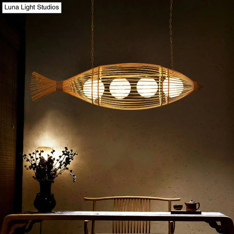 Bamboo Fish-Shaped Southeast Asian Chandelier With 3 Bulbs Ceiling Lighting Fixture