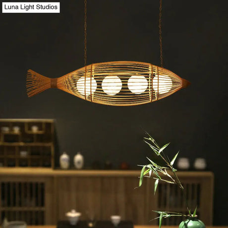 Bamboo Fish-Shaped Southeast Asian Chandelier With 3 Bulbs Ceiling Lighting Fixture