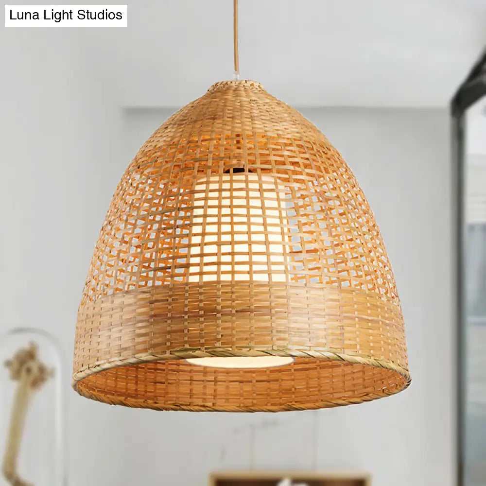 Bamboo Grid Bell Single-Bulb Asian Pendant Light In Beige - Living Room Hanging Lamp