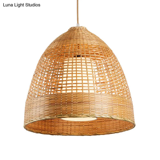 Bamboo Grid Bell Single-Bulb Asian Pendant Light In Beige - Living Room Hanging Lamp