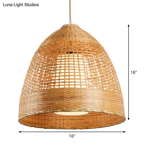 Bamboo Grid Bell Single-Bulb Asian Pendant Light In Beige - Living Room Hanging Lamp