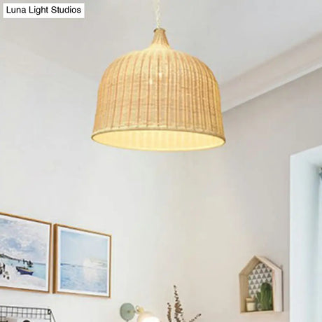 Bamboo Hanging Lamp: Modern Cloche Shape Wood Ceiling Light For Bedroom
