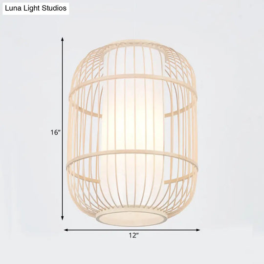 Bamboo Hanging Lamp With Asian-Inspired Cylinder Shade For Living Room Ceiling In Beige - 1 Head