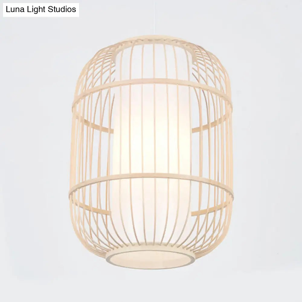 Bamboo Hanging Lamp With Asian-Inspired Cylinder Shade For Living Room Ceiling In Beige - 1 Head