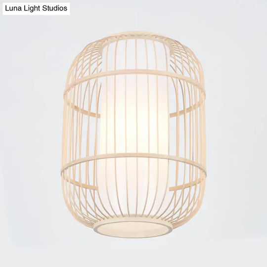 Bamboo Hanging Lamp With Asian-Inspired Cylinder Shade For Living Room Ceiling In Beige - 1 Head