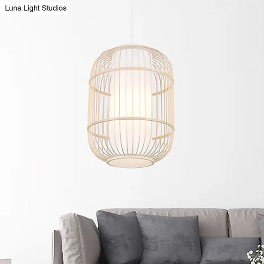 Bamboo Hanging Lamp With Asian-Inspired Cylinder Shade For Living Room Ceiling In Beige - 1 Head