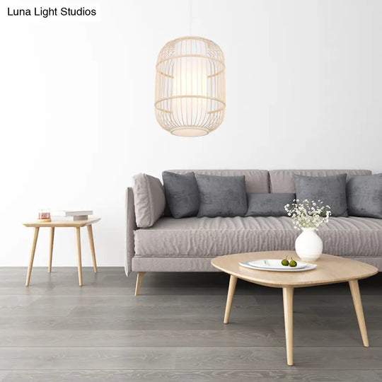 Bamboo Hanging Lamp With Asian-Inspired Cylinder Shade For Living Room Ceiling In Beige - 1 Head