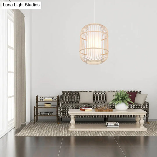 Bamboo Hanging Lamp With Asian-Inspired Cylinder Shade For Living Room Ceiling In Beige - 1 Head