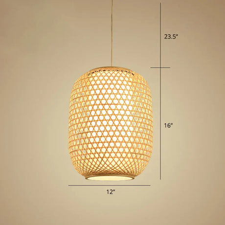 Bamboo Hanging Lantern For Restaurants - Asian Style Oval Design 1-Bulb Beige Ceiling Suspension