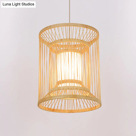 Bamboo Japanese Hanging Light - 1 Bulb Cylindrical Wood Pendant Fixture (12/16 Wide)