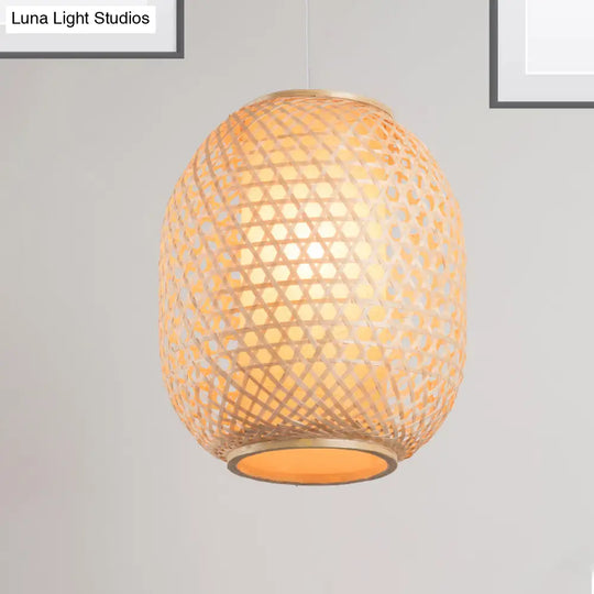 Bamboo Lantern Suspension Pendant: Retro Wood Hanging Light Kit With Fabric Shade