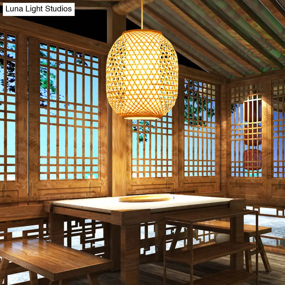 Bamboo Lantern Suspension Pendant: Retro Wood Hanging Light Kit With Fabric Shade