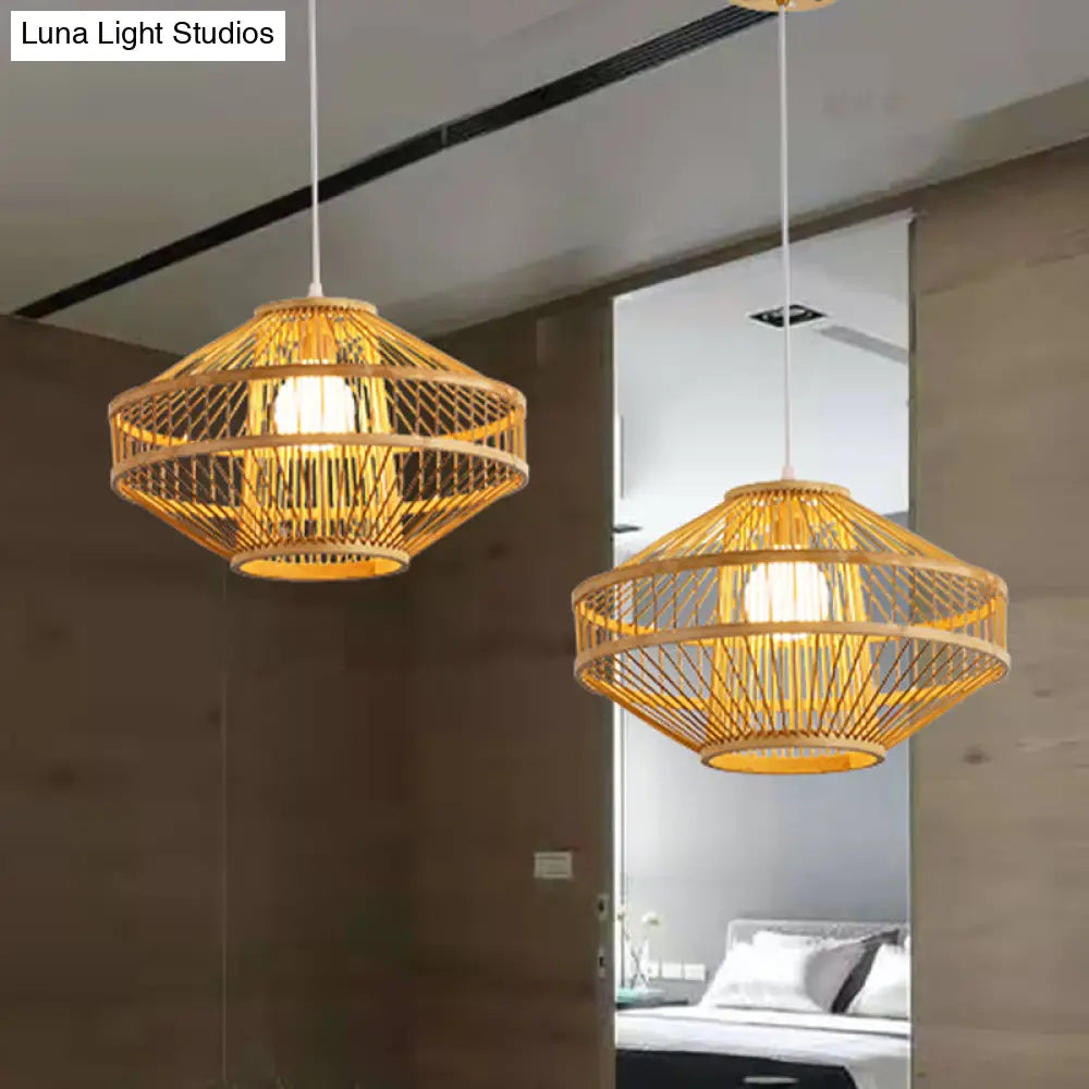 Bamboo Modernist Style Ceiling Fixture - Flying Saucer Design 16/19.5 Width 1-Bulb Wood Pendant Lamp