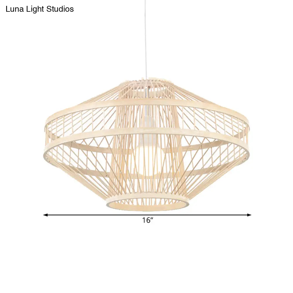 Bamboo Modernist Style Ceiling Fixture - Flying Saucer Design 16/19.5 Width 1-Bulb Wood Pendant Lamp