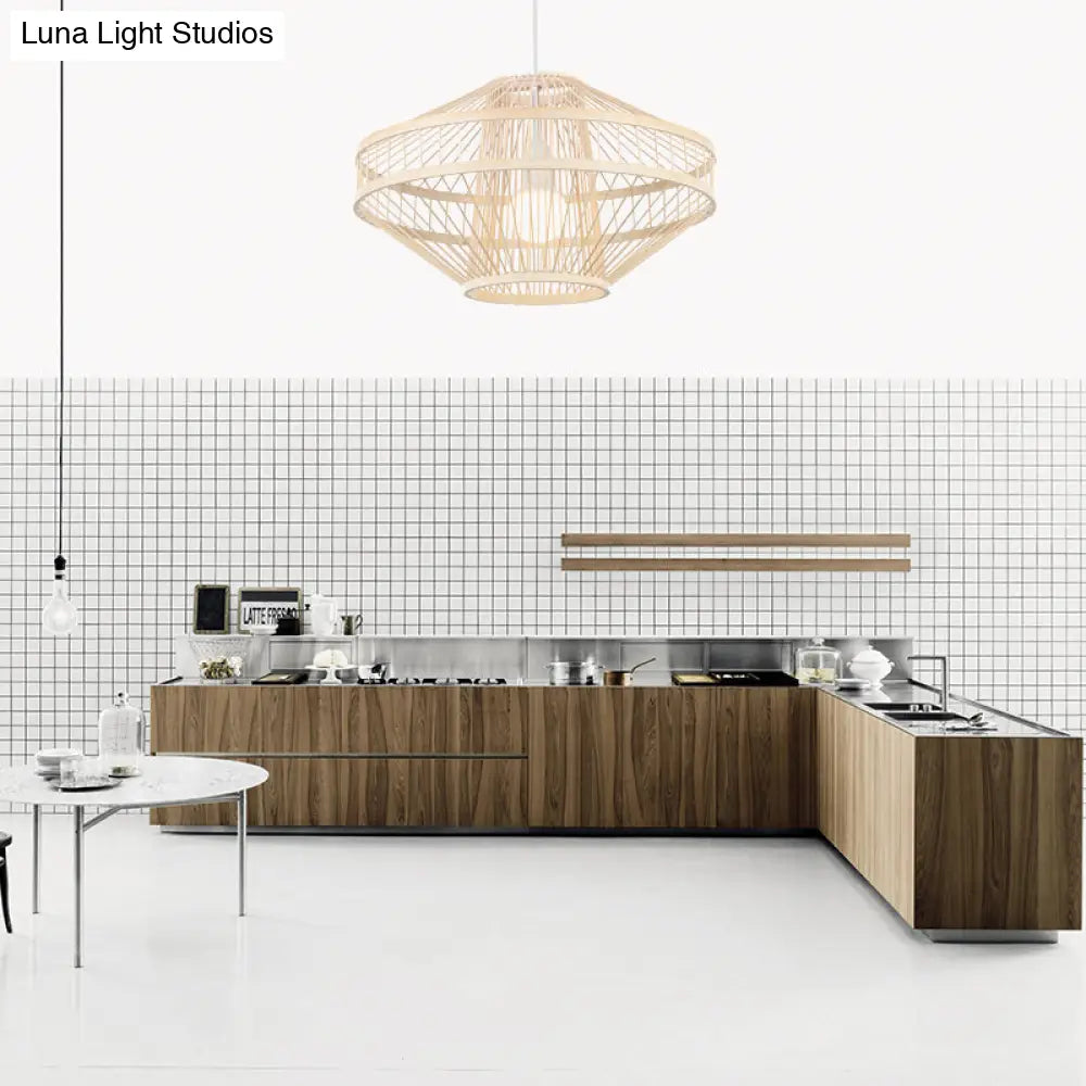 Bamboo Modernist Style Ceiling Fixture - Flying Saucer Design 16/19.5 Width 1-Bulb Wood Pendant Lamp