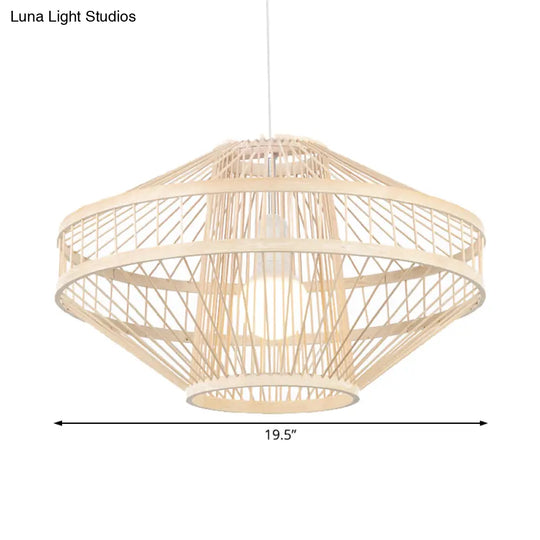 Bamboo Modernist Style Ceiling Fixture - Flying Saucer Design 16/19.5 Width 1-Bulb Wood Pendant Lamp