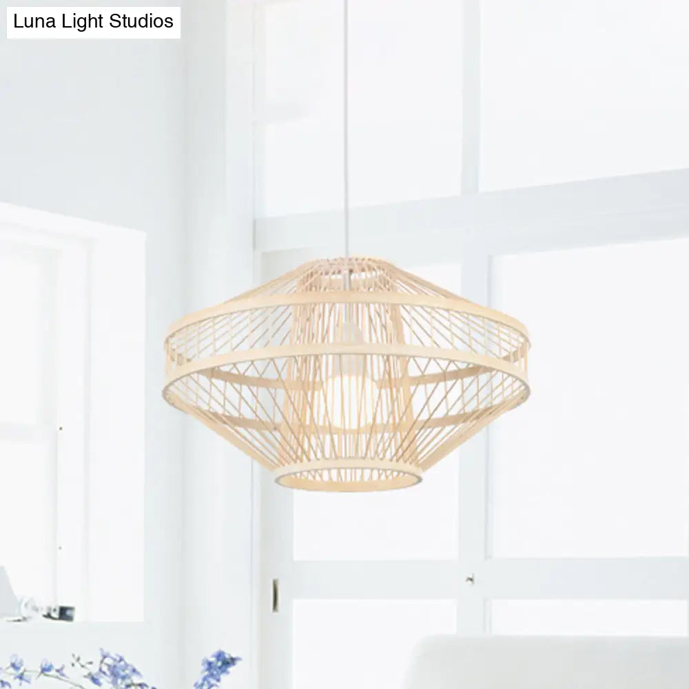 Bamboo Modernist Style Ceiling Fixture - Flying Saucer Design 16/19.5 Width 1-Bulb Wood Pendant Lamp