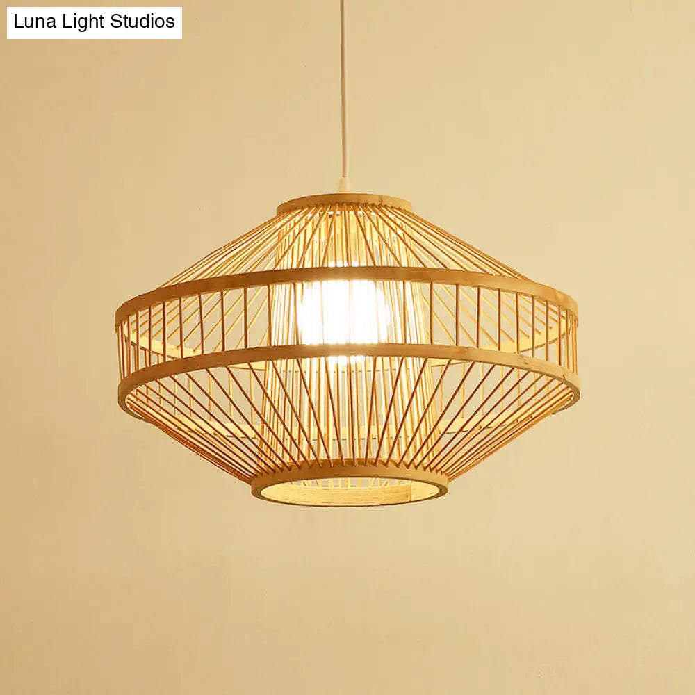 Bamboo Modernist Style Ceiling Fixture - Flying Saucer Design 16/19.5 Width 1-Bulb Wood Pendant Lamp