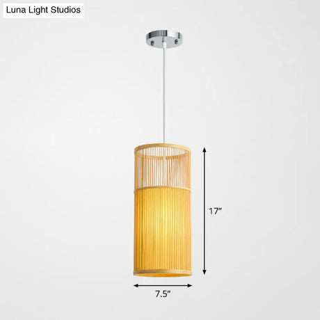 Bamboo Pendant Ceiling Light With Wood Cylindrical Pendulum - Asian Style Single Bulb Ideal For