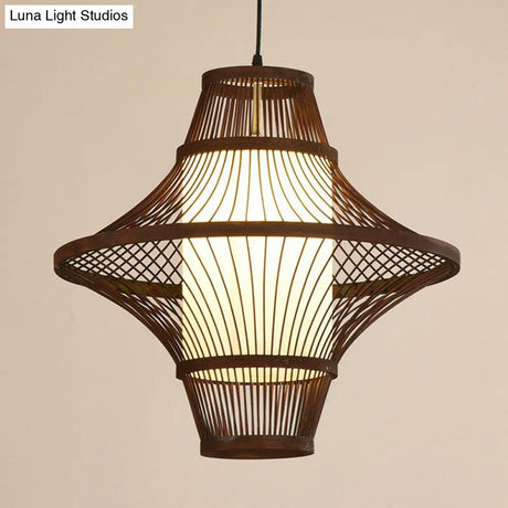 Bamboo Pendant Light Fixture - Asian Single Bulb Suspension Lighting With Inner White Shade