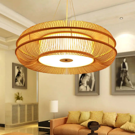 Bamboo Pendant Light With Beige Shade - Single Bulb Ceiling Lamp 25.5/31.5