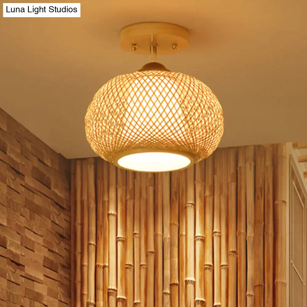 Bamboo Pumpkin Semi-Flush Mount 1-Light Flaxen Ceiling Fixture - 14/16 Wide