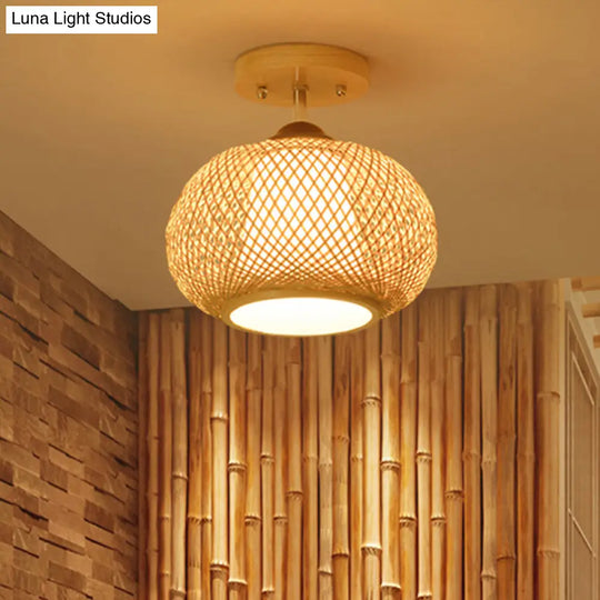 Bamboo Pumpkin Semi-Flush Mount 1-Light Flaxen Ceiling Fixture - 14/16 Wide