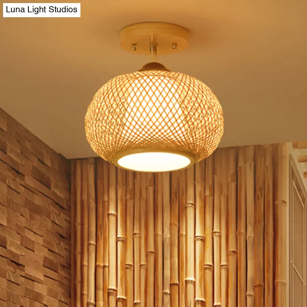 Bamboo Pumpkin Semi-Flush Mount 1-Light Flaxen Ceiling Fixture - 14’/16’ Wide