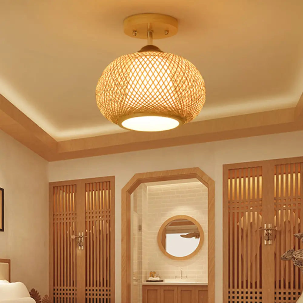 Bamboo Pumpkin Semi-Flush Mount 1-Light Flaxen Ceiling Fixture - 14’/16’ Wide / 14’