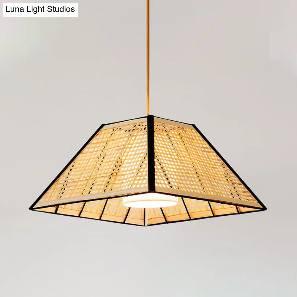 Bamboo Pyramid Pendant Lamp With Gridded Japanese Design For Restaurant Suspension Lighting