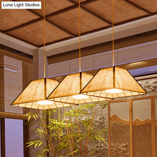 Bamboo Pyramid Pendant Lamp With Gridded Japanese Design For Restaurant Suspension Lighting