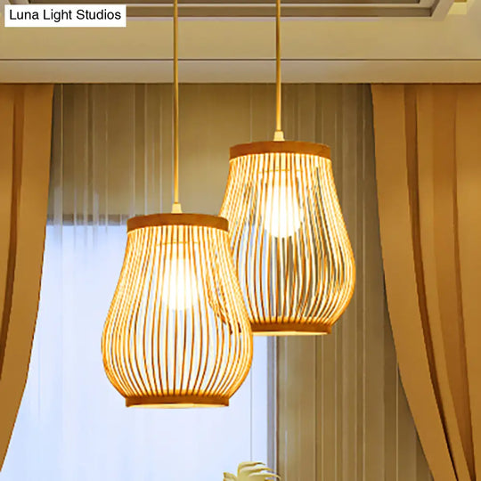Bamboo Shade Pendant Ceiling Light - Asian Style Hanging Lamp Beige 7/8 Wide