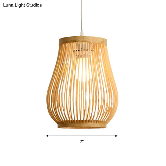 Bamboo Shade Pendant Ceiling Light - Asian Style Hanging Lamp Beige 7/8 Wide