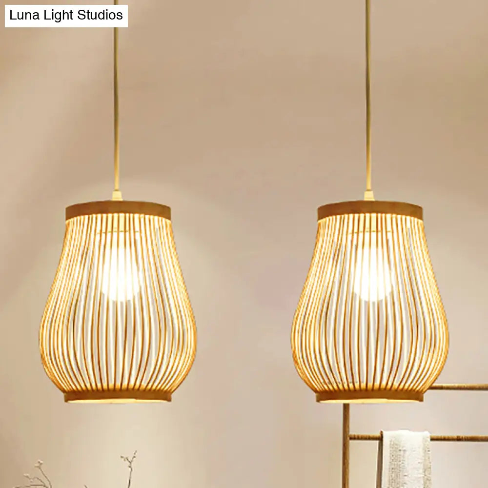 Bamboo Shade Pendant Ceiling Light - Asian Style Hanging Lamp Beige 7/8 Wide