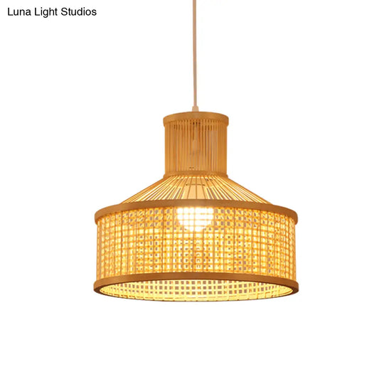 Bamboo Shade Pendant Lamp: Chinese Hand Woven Hanging Light Fixture In Beige