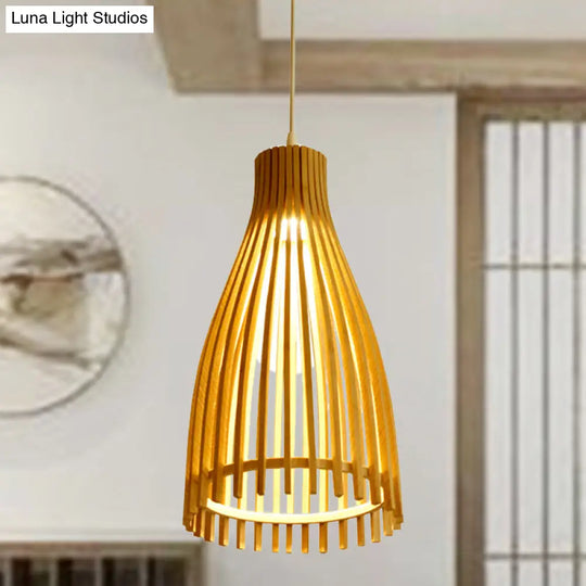 Japanese Conical Bamboo Strip Pendant Lamp - Natural Beige Hanging Ceiling Light For Tea House