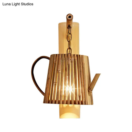 Bamboo Wall Lamp: Wood Cylinder/House/Teapot Sconce Light Fixture With Curved Arm