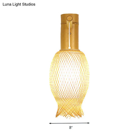 Bamboo Wall Sconce With Asian Style And Beige Oblong Shade - Hand Woven 1-Bulb Lamp